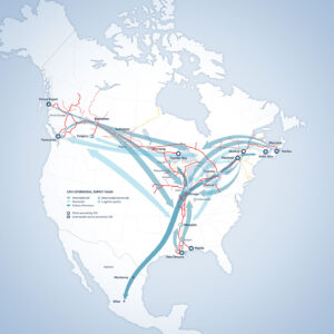 CN: 2023 Investor Fact Book – supply chain flow diagram (one of several maps designed and illustrated for the 2017, 2019 and/or 2023 editions, in collaboration with Capsule Creative)
