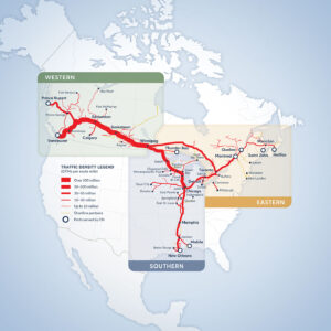 CN: 2023 Investor Fact Book – traffic density and operating region diagram (one of several maps designed and illustrated for the 2017, 2019 and/or 2023 editions, in collaboration with Capsule Creative)