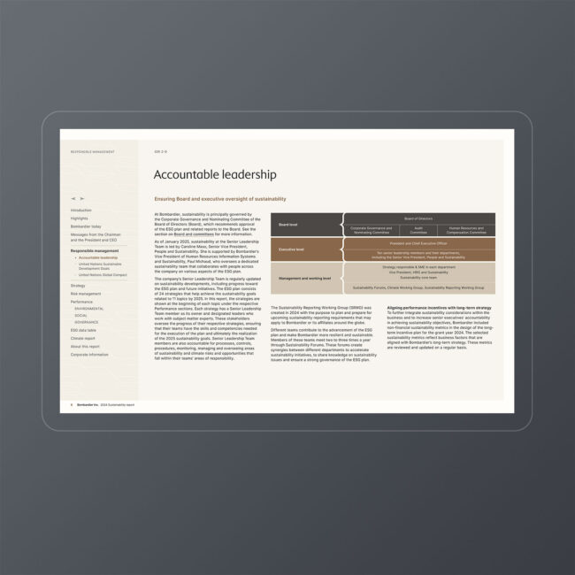 Bombardier: 2024 Sustainability Report / interactive PDF (English edition – Accountable leadership page)