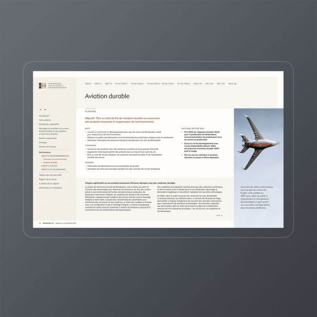 Bombardier: 2024 Sustainability Report / interactive PDF (French edition – Sustainable aviation section)