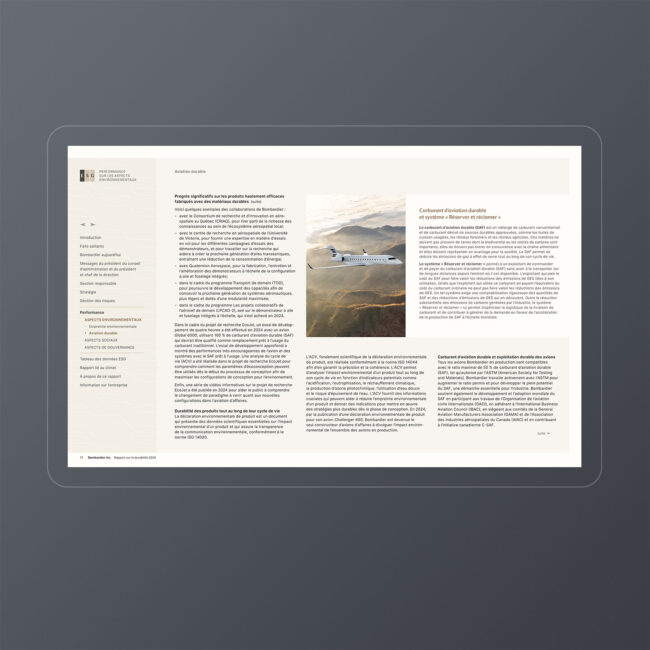 Bombardier: 2024 Sustainability Report / interactive PDF (French edition – Sustainable aviation section)