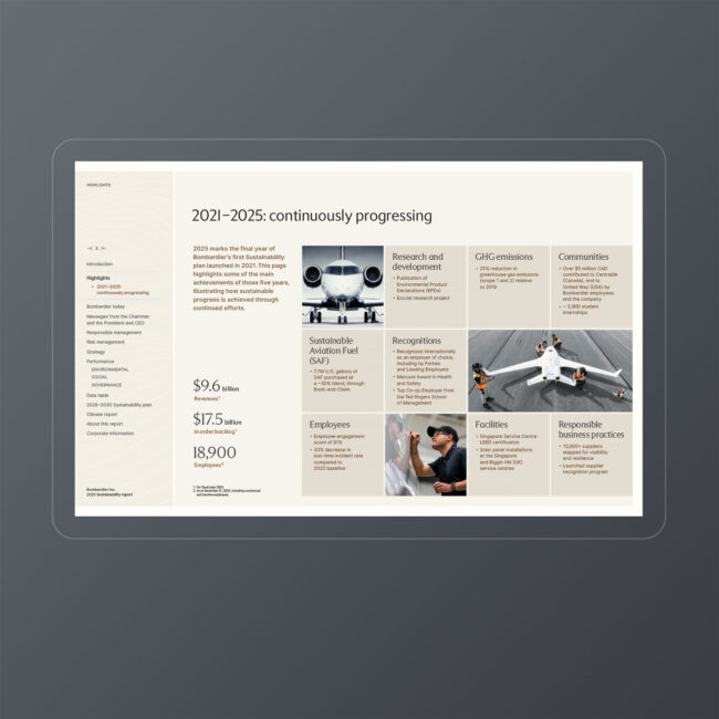 Bombardier: 2025 Sustainability Report / interactive PDF (English edition – Highlights page)