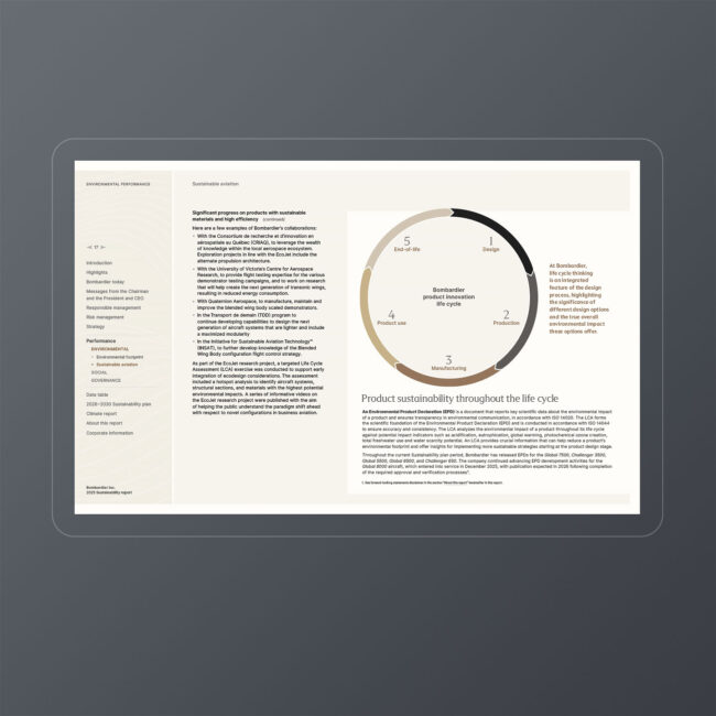 Bombardier: 2025 Sustainability Report / interactive PDF (English edition – sample section / Sustainable aviation)