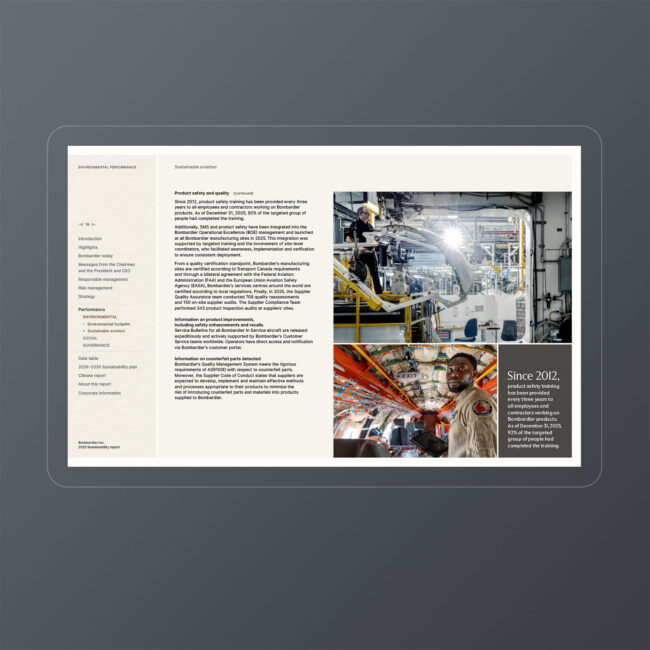 Bombardier: 2025 Sustainability Report / interactive PDF (English edition – sample section / Sustainable aviation)
