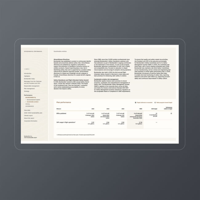Bombardier: 2025 Sustainability Report / interactive PDF (English edition – sample section / Sustainable aviation)